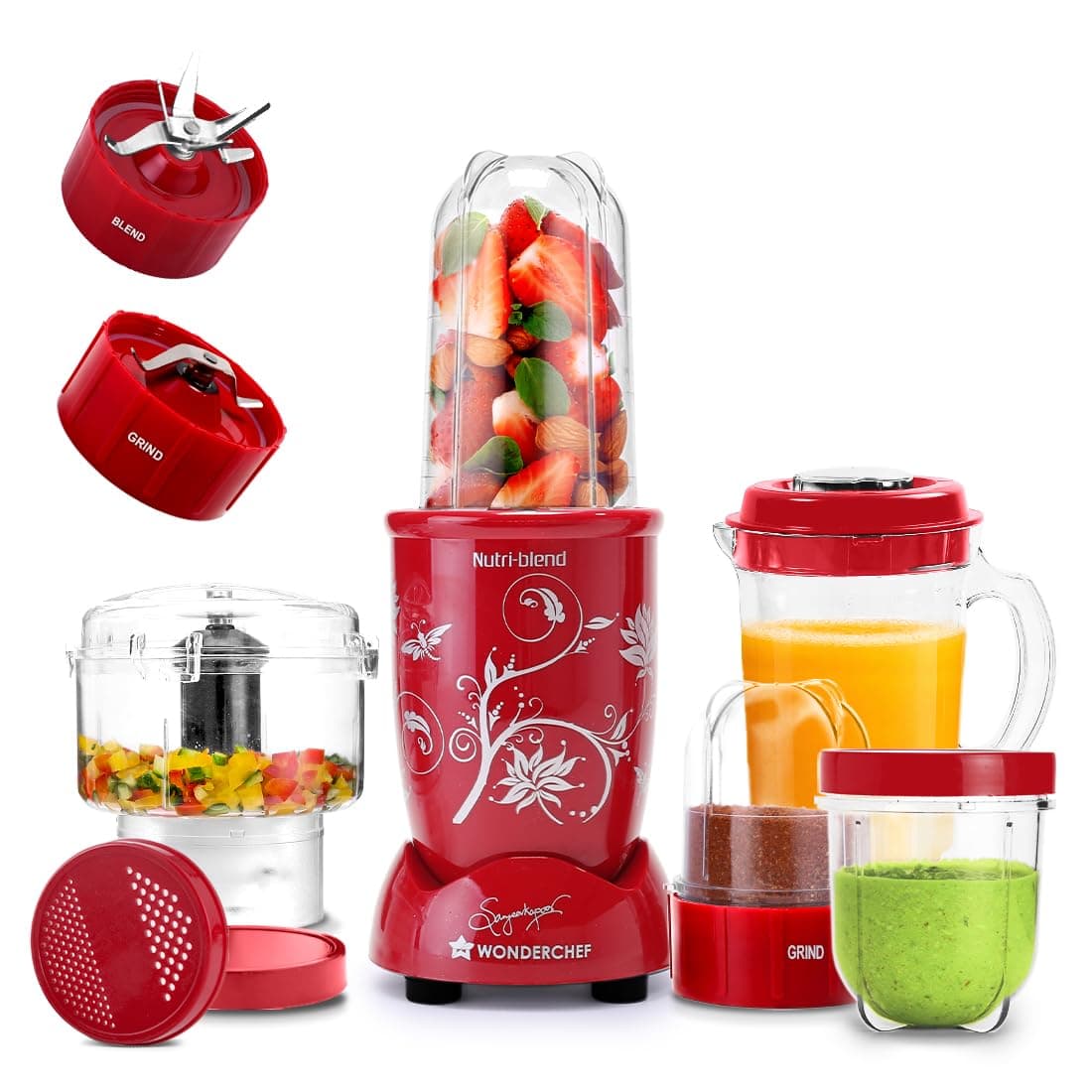 Wonderchef Nutri-blend Juicer, Mixer, Grinder & Chopper|500W 100% Full Copper Motor|Complete Kitchen Machine|4 Unbreakable Jars with Chopper| Years Warranty|Recipe Book By Chef Sanjeev Kapoor|Red