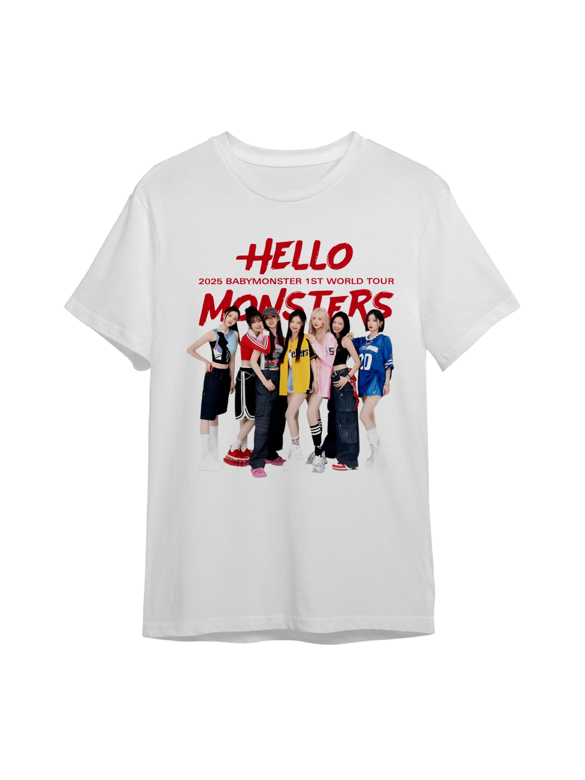The Korhean Store Baby Monster Tour 2025 Korean Pop Style, White Regular Fit Crew Neck 100% Breathable Cotton Graphic Printed Unisex T-Shirt to Gift for Men, Women