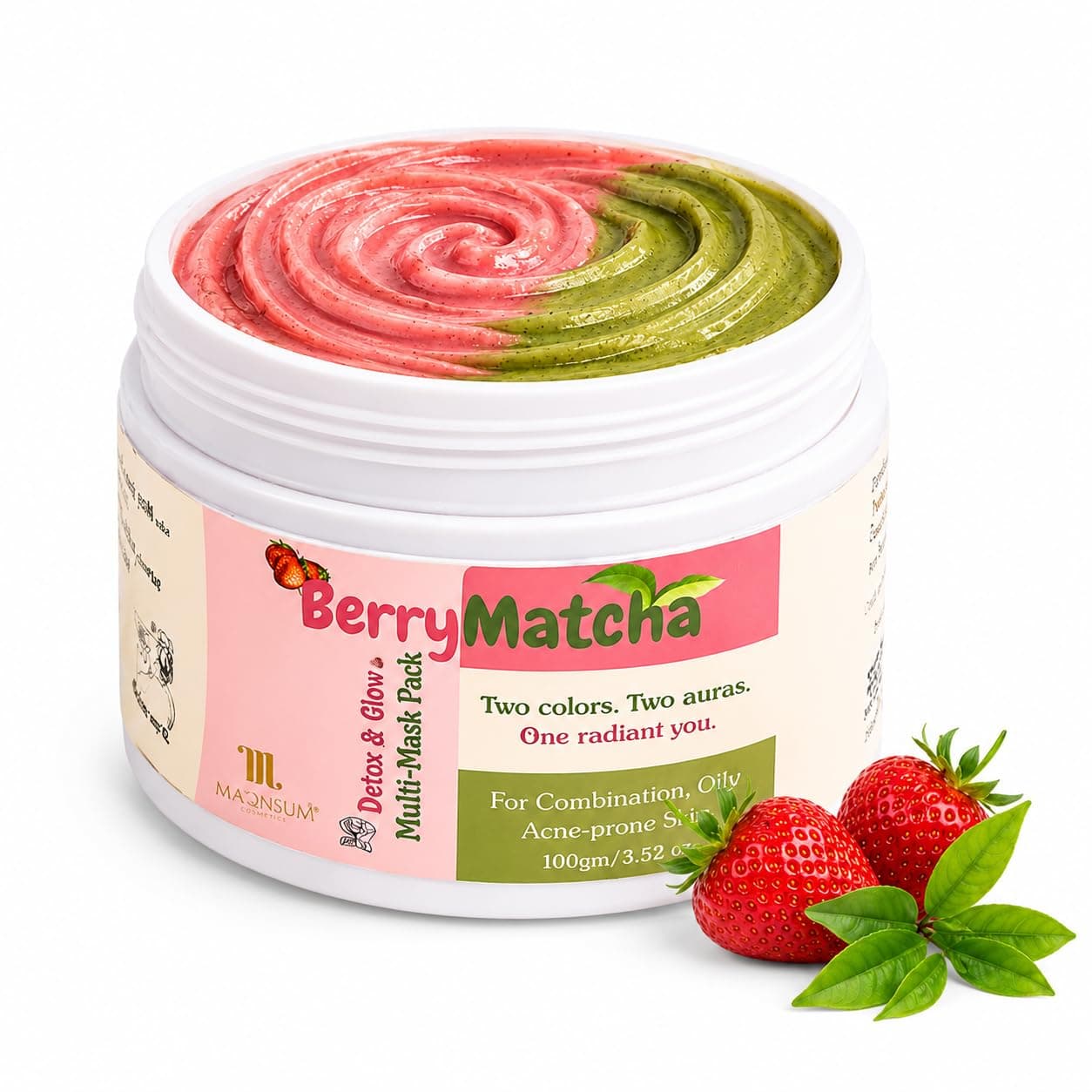 Mamash Organics BerryMatcha Instant Detox & Glow Multi-Mask 100g | Matcha & Strawberry 2-in-1 Face Pack | DIY Texture Clay Mask for Oily & Dry Zones | Pore Detox, Hydration & Brightening | Ayurvedic