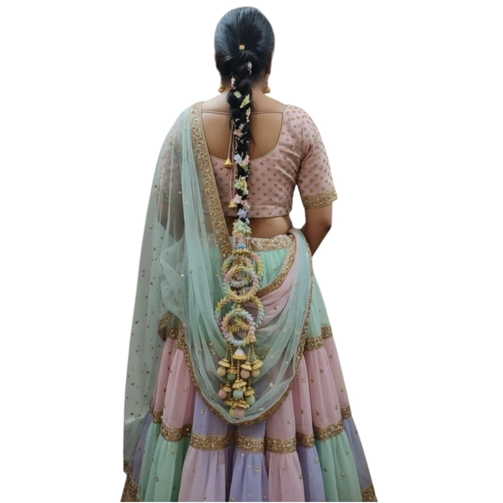 MIRAS PRANDI Heavy Design Paranda Hair Accessory for Women & Girls, Pastel color lace coverd on black cord with 2 rings & Hanging pastel multi color Pom Pom , Traditional Ethnic Hair Accessory for Wedding, Haldi, Mehendi, Jaggo, Festive Occasions 30 Inch Long Braid Tassels (one Piece)