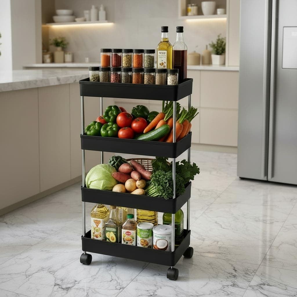Umite Chef 4 Tier Kitchen Trolley Organizer with Wheels | Multipurpose Storage Rack | Vegetable & Fruit Basket Stand | Rolling Utility Cart for Kitchen, Bathroom, Office - Black
