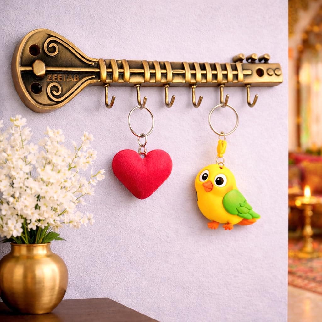 Zeetab Sitar Key Holder with 6 Hook, Veena Royal Art Key Stand & Guitar Wall Mount Hanger for Music Lover, Home Decor Gift (8x2.5) (Antique Brass)