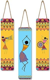 Artvibes African Warli Art Wooden Decoration Item for Living Room | Modern Decoration Items | Handcrafted | Living Room | Cafe | Aesthetic Wooden Decor | Ideal Gifts (WH_8108N), Set of 3