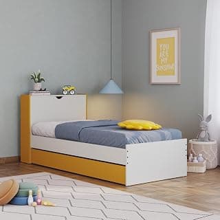 Wakefit Capel Kids Trundle Bed with Headboard Storage | Single Wooden Bed for Kids | Sturdy & Safe Engineered Wood Cot | Frosty White & Toffee Yellow Finish | Space-Saving Design