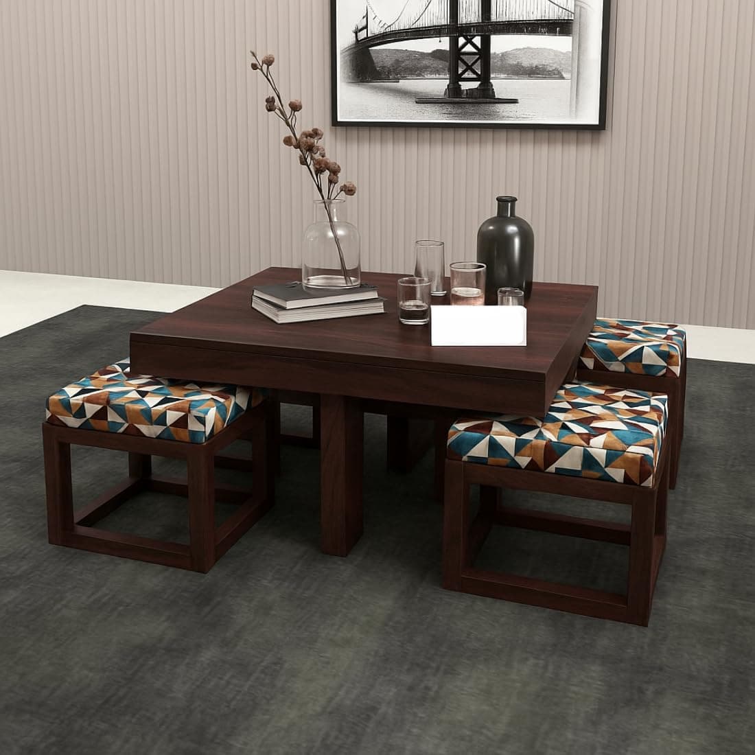 HANDWOOD FURNITURE Premium Sheesham Wood Coffee Table for Living Room | Wooden Coffee Table with 4 Stool | Walnut Finish with Multicolor Printed Cushions | Pre Assembled (Ready to Use)
