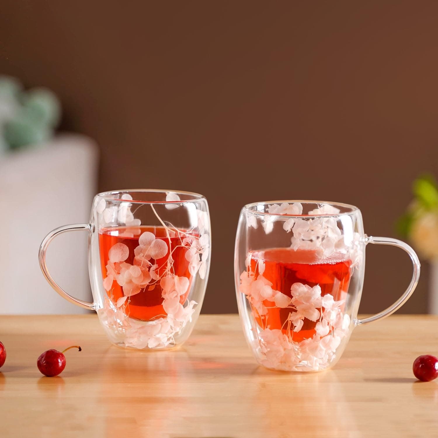 Nestasia Double Wall Glass Mug with Dried Flowers Set of 2 (350ml Each) - Transparent Borosilicate Floral Glass Tea Cups | Lightweight & Durable Coffee Mugs - Perfect for Gifting (Peach)