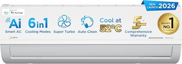 Midea 1Ton 5S,New Star rated, Wi-Fi AI Inverter Split AC (Copper,Convertible 6-in-1 with Smart Wi-Fi,Turbo Mode, Auto Clean and HD+PM 2.5 Filter,Santis MAX RYL Wi-Fi - MAI12SR5R36W0, White)