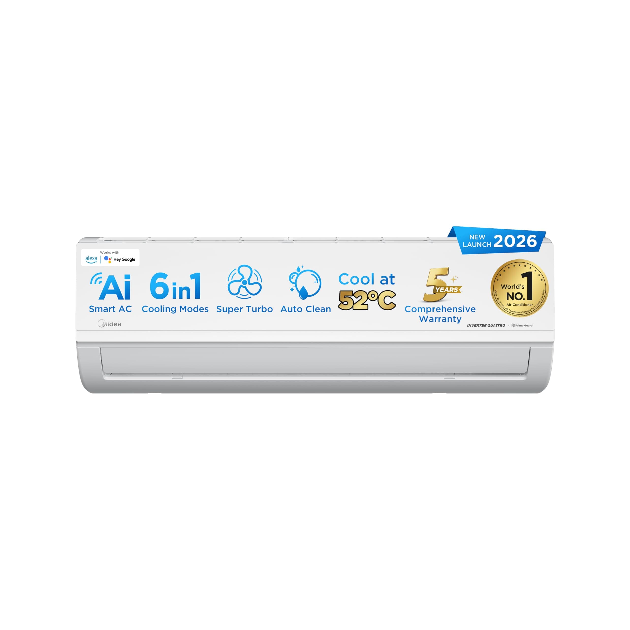 Midea 1.5 Ton 5 Star, New Star Rated, Wifi Inverter Split AC with 6-in-1 Convertible Cooling, Turbo Mode, Heavy Duty Cooling at 52℃, Auto Clean&HD+PM 2.5 Filter(Copper, AC 1.5Ton MAI18SR5R36W0, White)