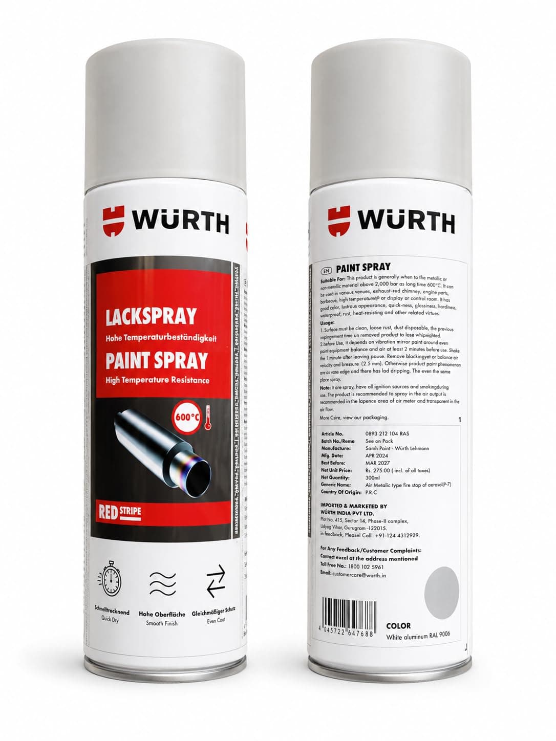 Wuerth High Temp Aluminium Spray Paint 300ml – 300°C Heat Resistant | Engine, Oven, Fireplace | Low Lead (<200 ppm) | Premium Adhesion & Weatherproof