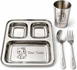 SAVRI Personalized Stainless Steel Mealtime Printed Dish - Customized Gift for Boy, Baby Girl - Name and Favorite Character Engraved - Ideal for Birthday Gifting - 4 Pcs (1 Set)