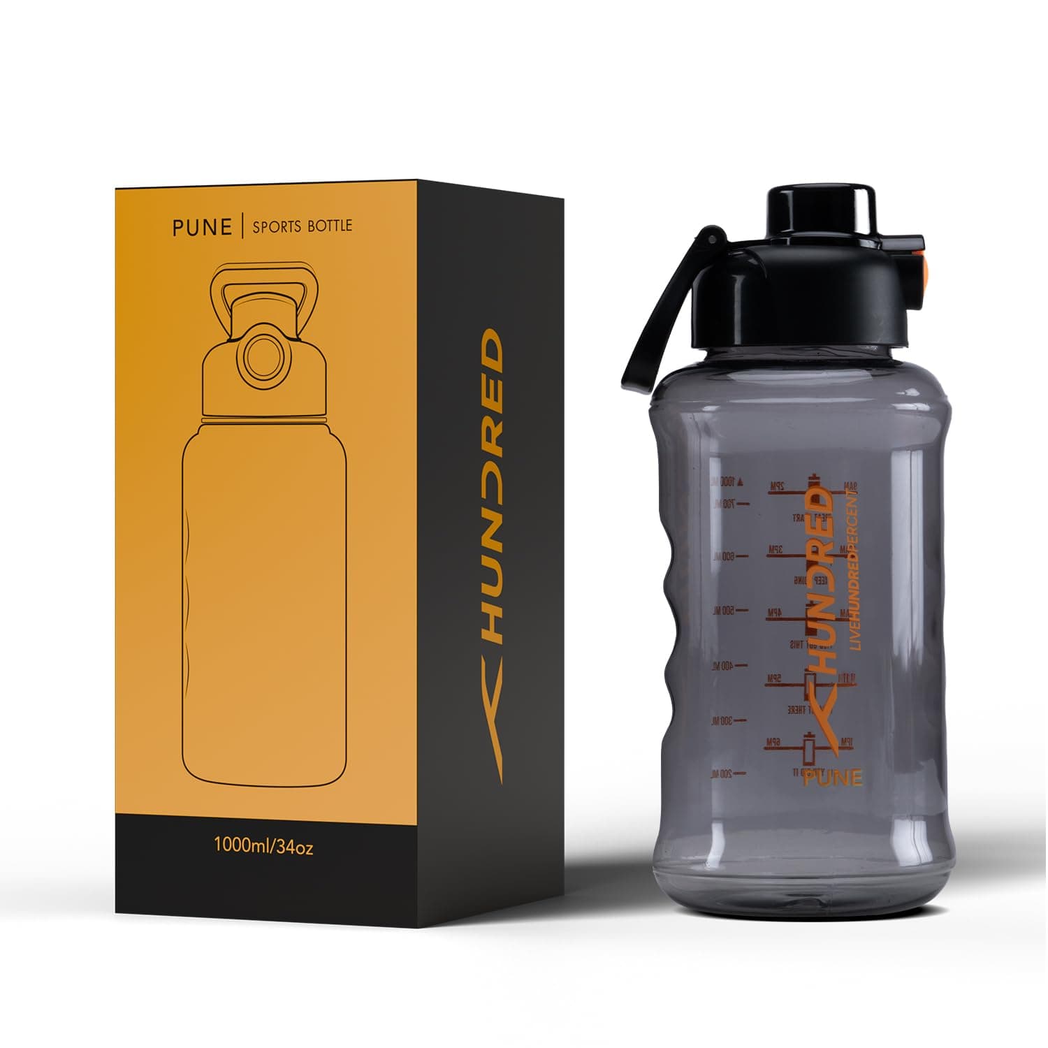 Hundred Pune 1 Litre Water Bottle | 1000ml / 34oz | BPA Free | One Key Open Safety Lock | Spill and Leak Proof Sports, Travel, Gym Bottle (Black/Black)