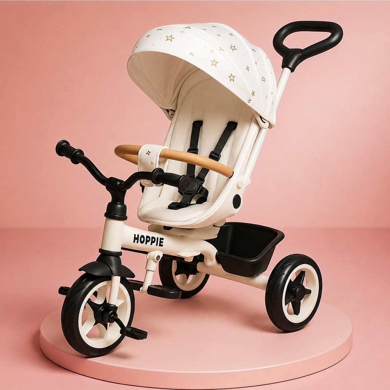 Hoppie Baby Tricycle for Kids (1–4 Years) | 4-in-1 Convertible Trike with Parental Control, Canopy, Safety Harness, EVA Wheels & Storage Basket | Adjustable Seat | White