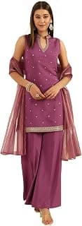 FIORRA Women's Lavender Viscose Chanderi Straight Kurta with Palazzo and Dupatta