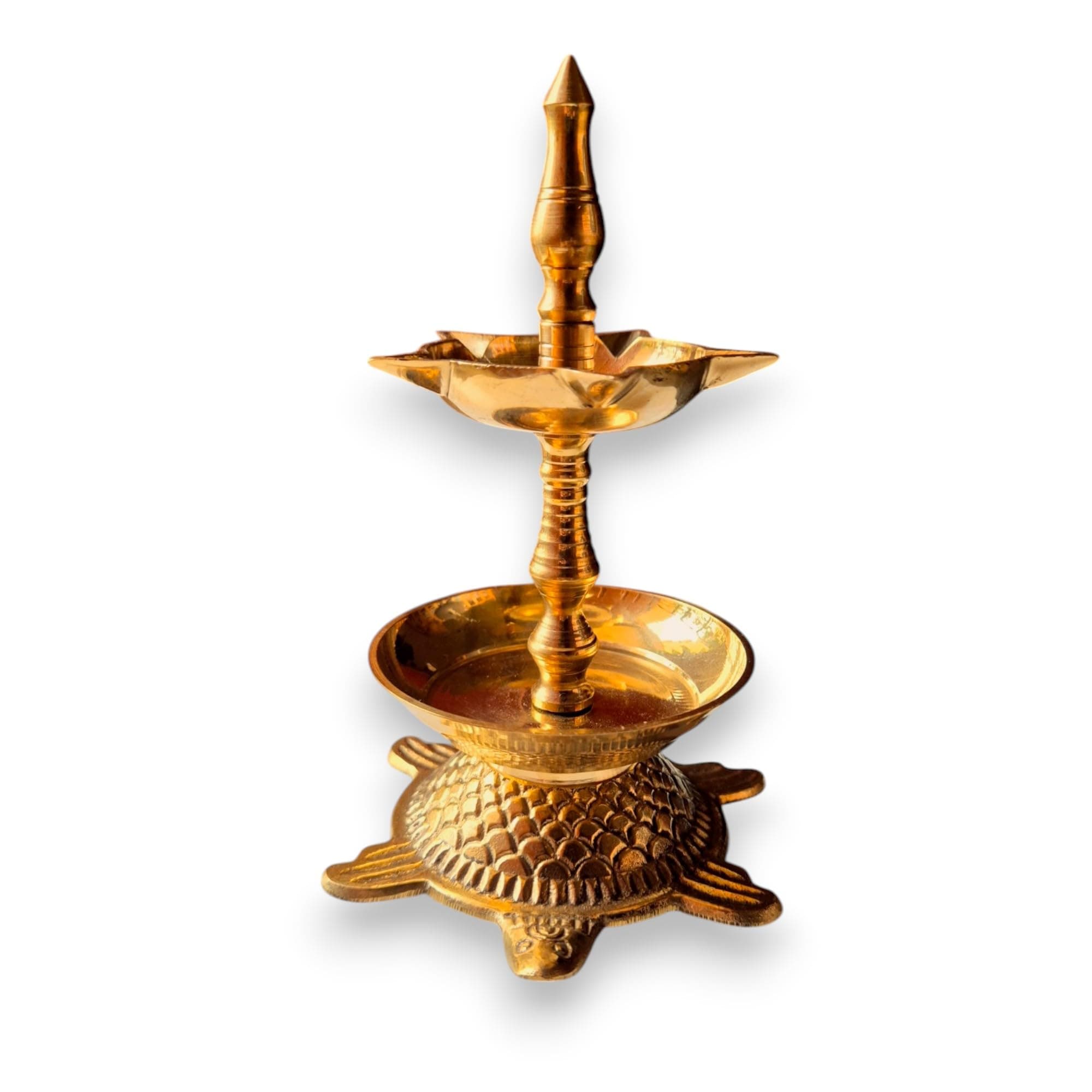 RAISOM Kerala Brass Tortoise Panchmukhi Good Luck Diya with Flower Holder | Small Size Kachua Kuthu Vilakku for Home, Office & Gifting | Length : 5.5 inches, Weight : 250 Grams
