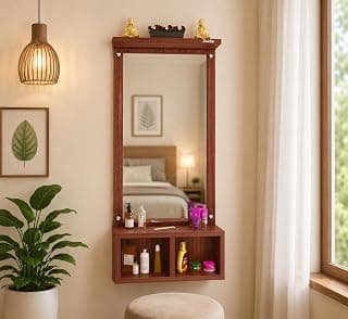 Wall Mounted Dressing Table with Mirror & Storage Shelf, Wooden Vanity Mirror Cabinet for Bedroom, Makeup Organizer with Open Storage Compartments, Space Saving Wall Hanging Dressing Unit
