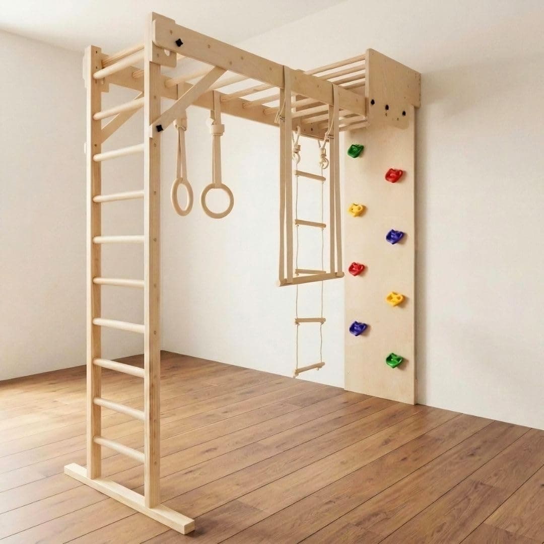 Curious Cub Foldable Jungle Gym for Kids Indoor | Contain Rock Climbing for Kids At Home, Gymnastic Rings, Wooden & Wobble Ladder, Monkey & Trapeze Bar for Kid to Play Indoor Fun Activity for Ages 2+