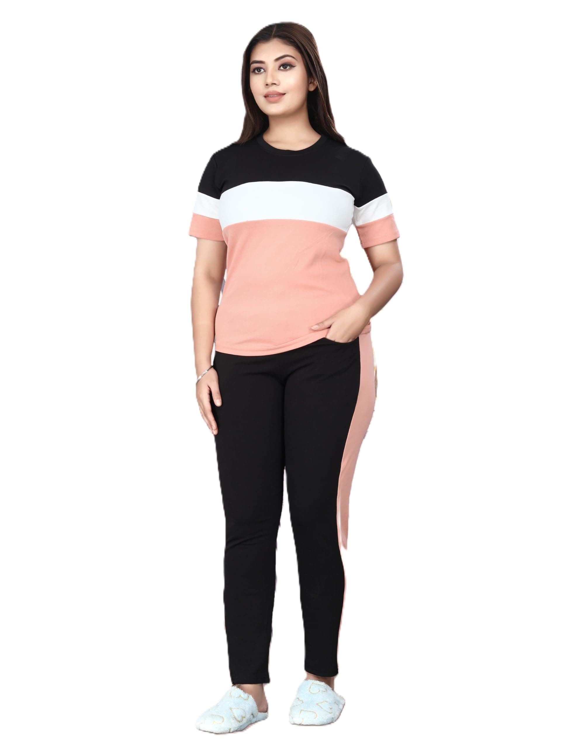 Cotton Blend Tracksuits for Women Half Sleeves Round Neck Woman Workout T-shirt & Pant for Sports Comfortable and Breathable Gym Wear for Womens Tracksuit Set with Top & Bottom Pants