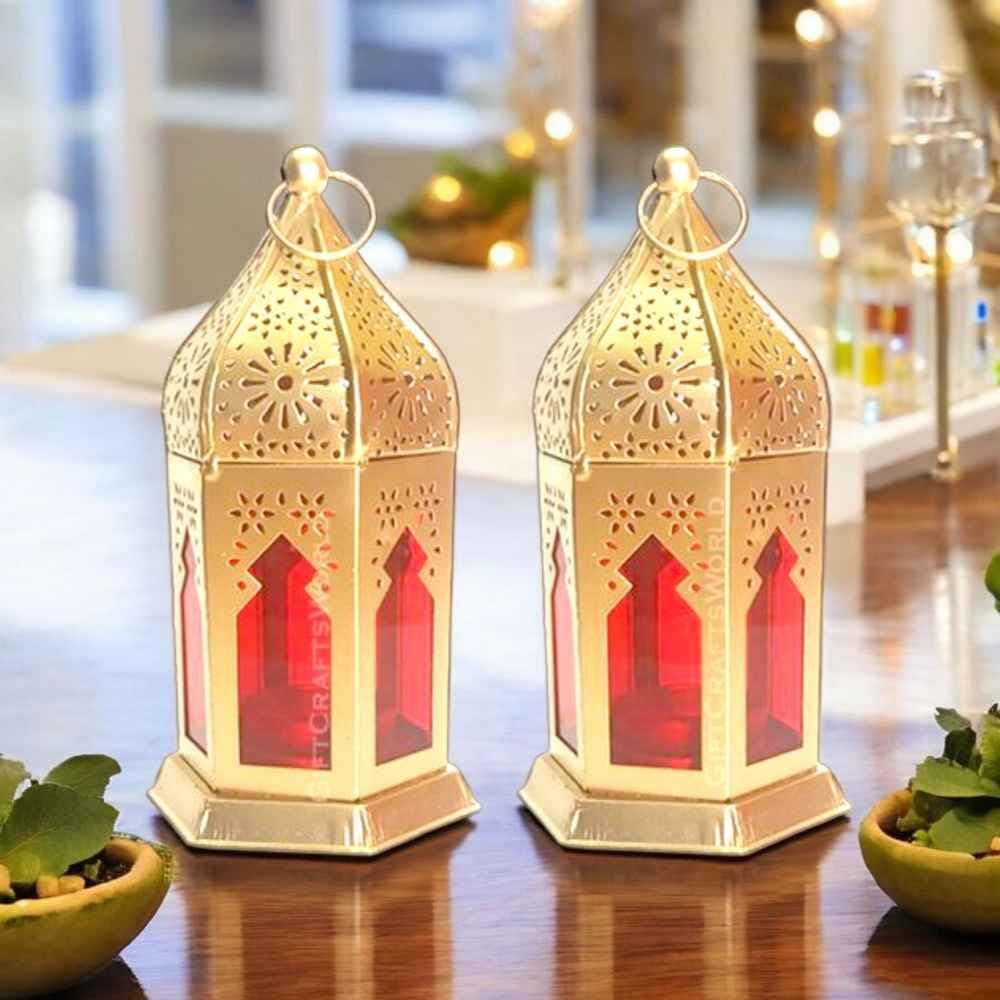 GiftCraftsWorld Moroccan Lanterns & Candle Holders for Home Decor - Unique Diwali & Christmas Gifts (Red, Set of 2)