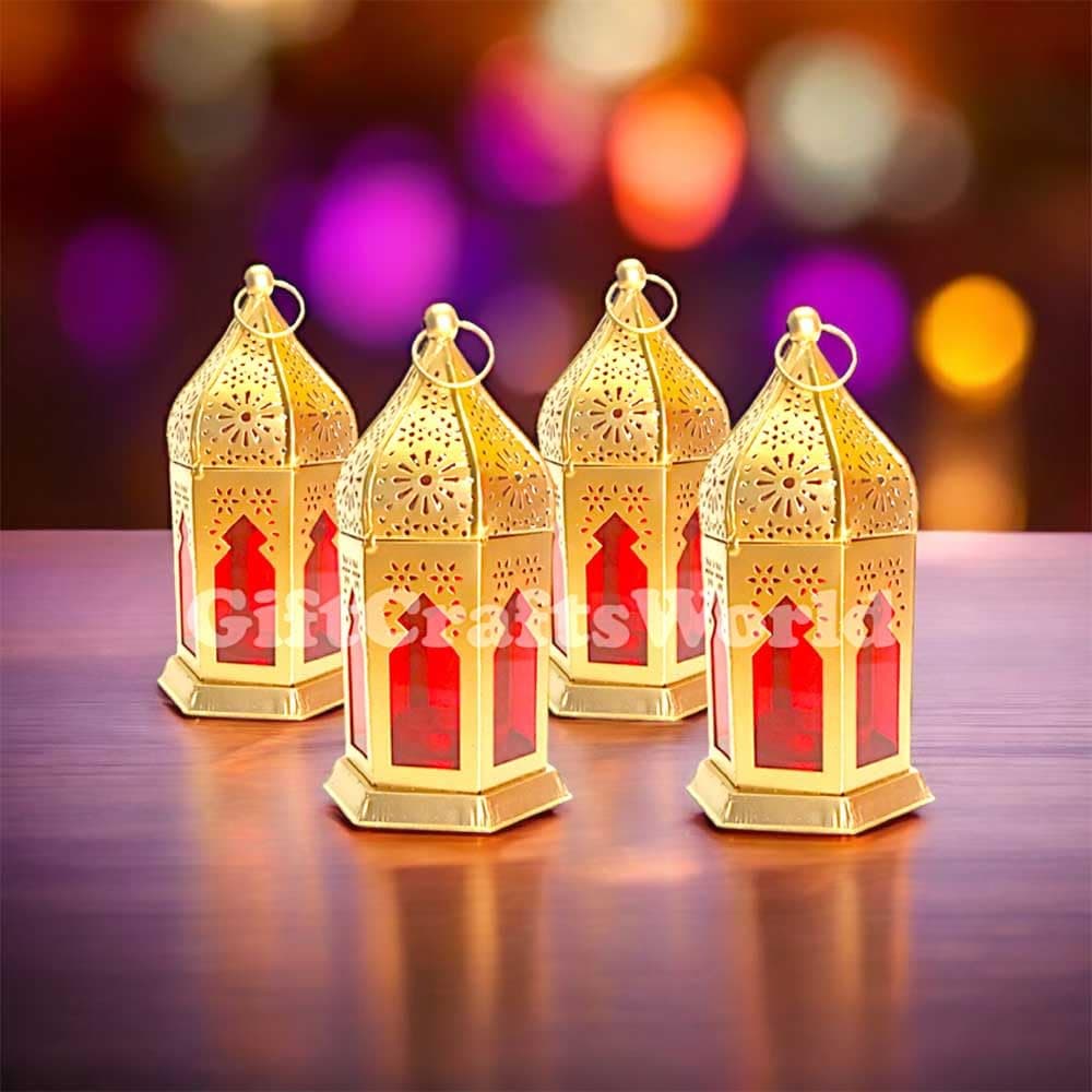 GiftCraftsWorld Stainless Steel Moroccan Lanterns & Candle Holders for Home Decor - Unique Diwali & Christmas Gifts (Red, Set of 4)