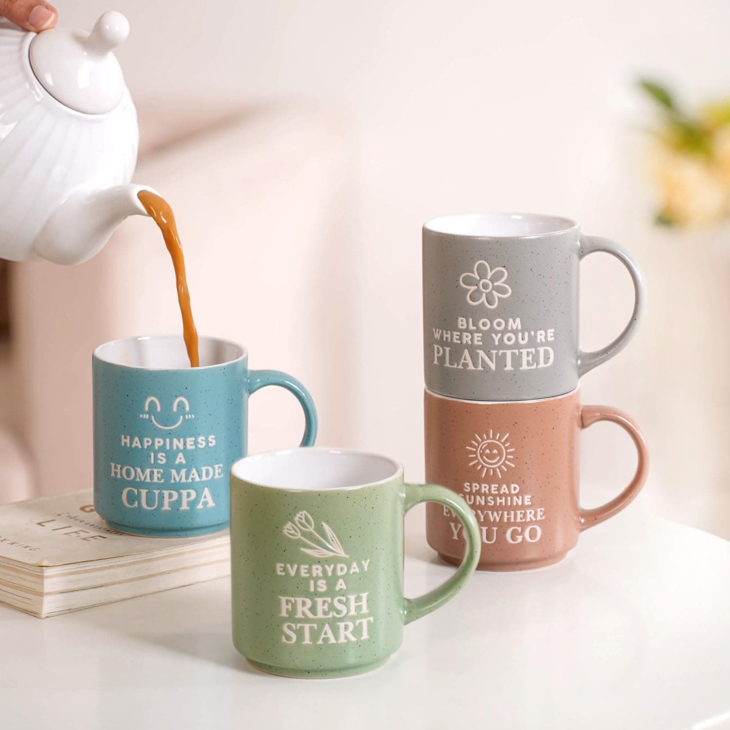 Nestasia Ceramic Stackable Cups Set of 4 (280ml Each) - Inspiring Quotes Tea & Coffee Cups with Glossy Finish | Microwave & Dishwasher Safe Cups - Ideal for Gifting (Pastel Coloured)