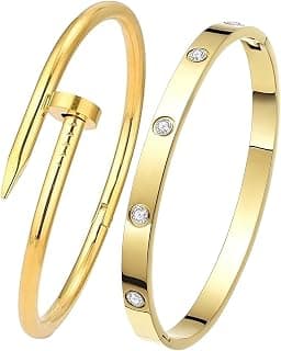 Okos Gold Plated Fashion Jewellery Stainless Steel Anti Tarnish Cuff Band Style Bangle Bracelet And Nail Style Combo Pack of 2 with White CZ Stones For Girls and Women CO0023