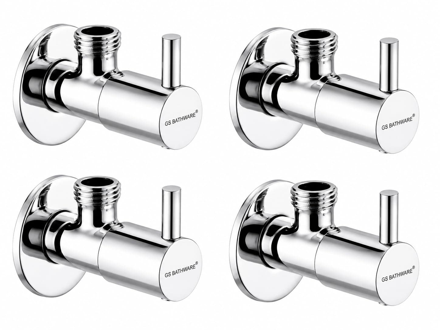 GS Bathware Brass Angle Valve with Wall Flange, Pack of 4 | 100% Solid Brass Angle Cock, Quarter Turn Stop Valve, Chrome Finish, Leakproof Rust Resistant, For Bathroom & Kitchen