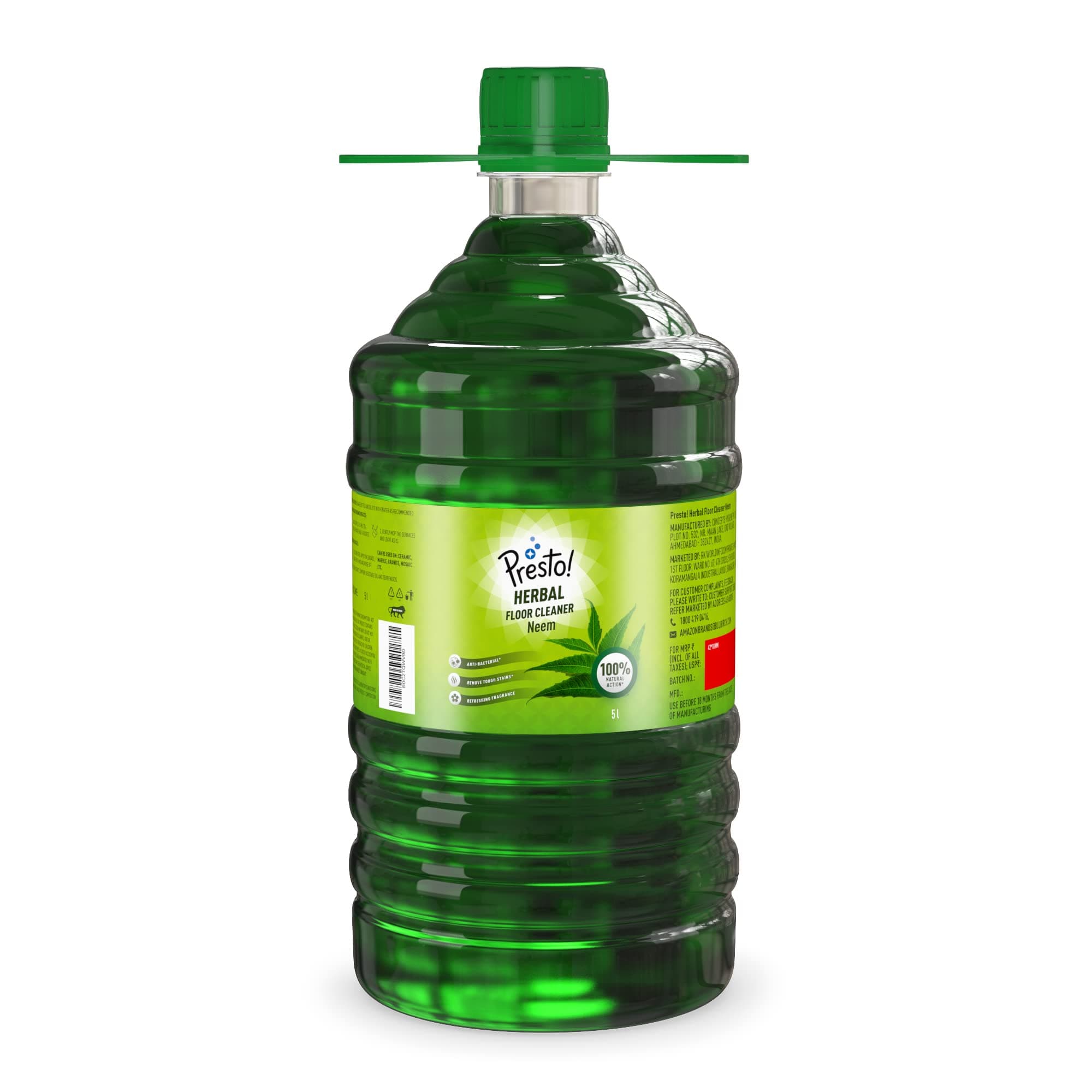 Amazon Brand - Presto! Disinfectant Surface & Floor Cleaner | Neem | 5 Litre | Kills 99.9% Germs | Suitable For Bathroom & Floor Surfaces Like Ceramic, Marble, Granite, Mosaic