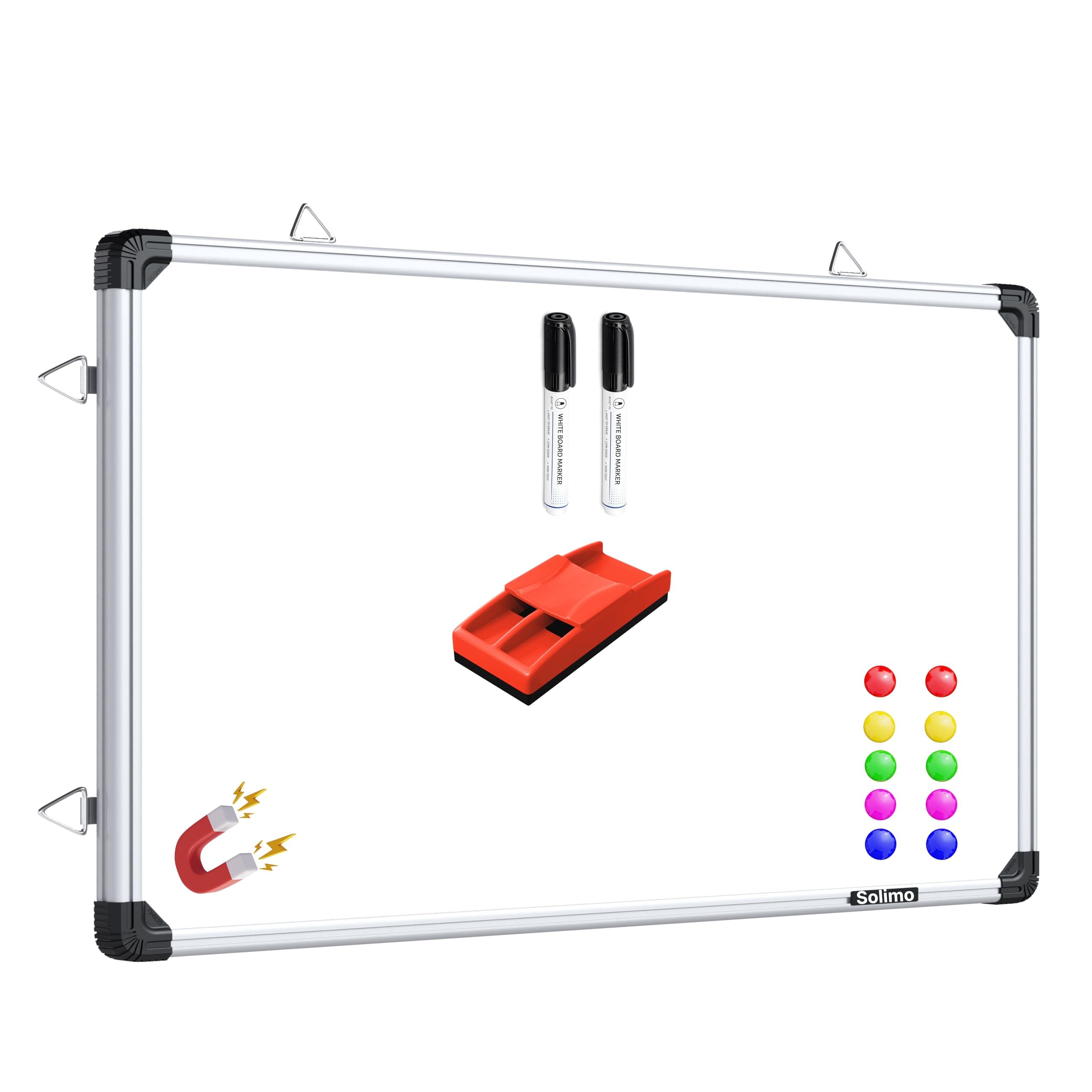 Amazon Brand - Solimo Magnetic White Board with Aluminium Frame, 60 x 41 cm, Dry Erase Writing Board for Home, Office, School & Study Room, Includes 2 Markers, Magnetic Duster & 10 Magnets