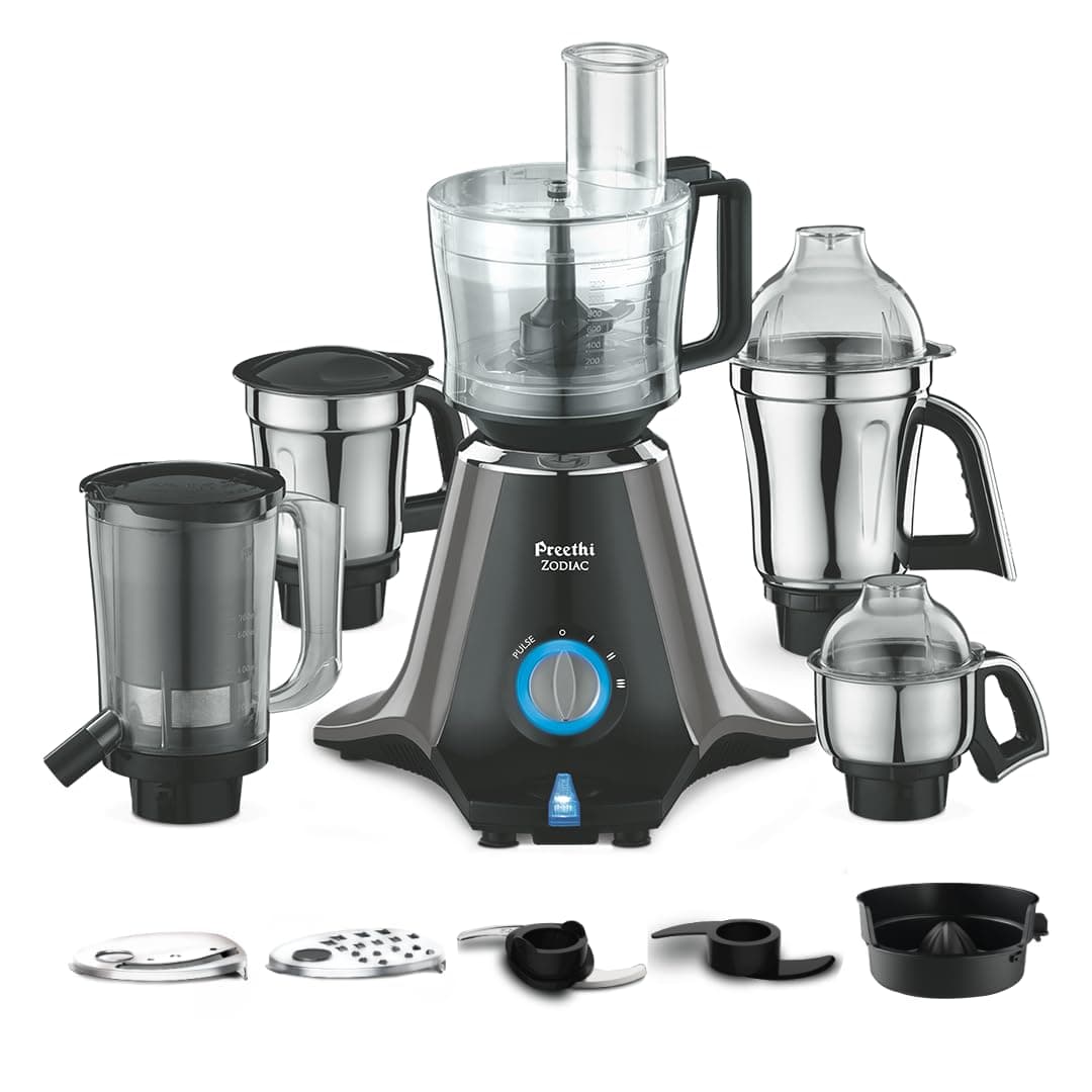 Preethi Zodiac MG-218 mixer grinder, 750 watt, Black/Light Grey, 5 jars - 3 In 1 insta fresh juicer Jar & Master chef food processor Jar, Vega W5 motor with 5yr Warranty & Lifelong Free Service