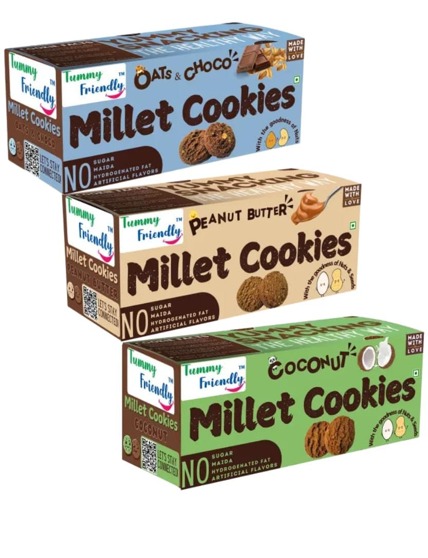 TummyFriendly Foods Oats Choco Millet Cookies for Kids Adults. Biscuits, Ragi, and Jaggery. Healthy Snacks for kids Babies 1 Year Old. Gift Best Cookies - Oats Chocolate (OatsChoco, PeanutButter, Coconut, 3, count)
