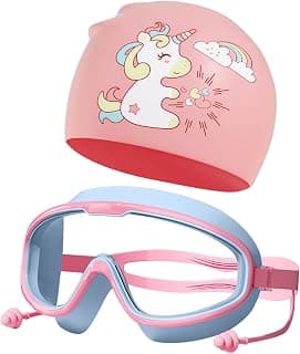 PROBEROS® Swimming Goggles & Cap Set for Girls, Anti Fog Large Frame Swim Goggles with Silicone Seal, Unicorn Cartoon Design, Waterproof Silicone Swim Cap for Children Pool Beginners, Unicorn-Pink