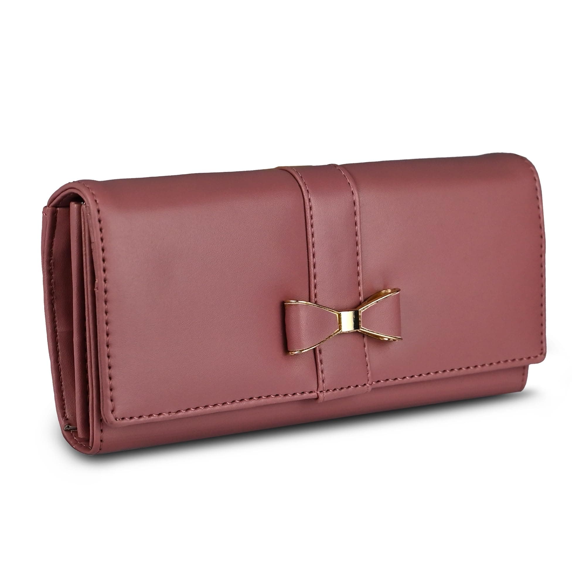ALSU Women’s Wallet Clutch | Elegant PU Leather Purse with Bow Design | Stylish Long Wallet for Girls & Ladies | Multi-Compartment Travel Wallet (Peach)