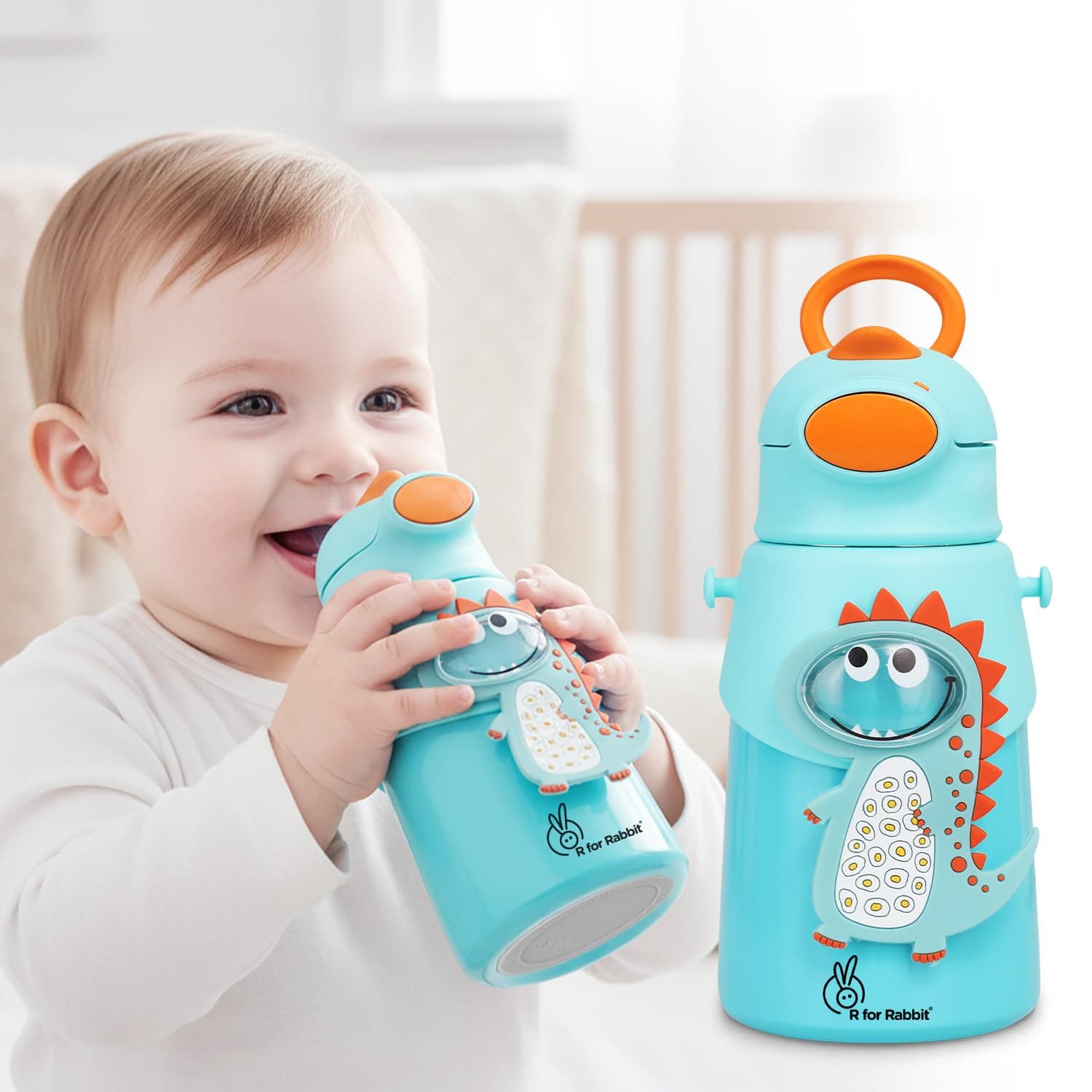 R for Rabbit Steebo Zoobie Premium Stainless Steel Water Sipper for Kids, Spill Proof BPA Free Soft Silicone Straw Drinking Sipper for Kids (550ml, Blue Dino)