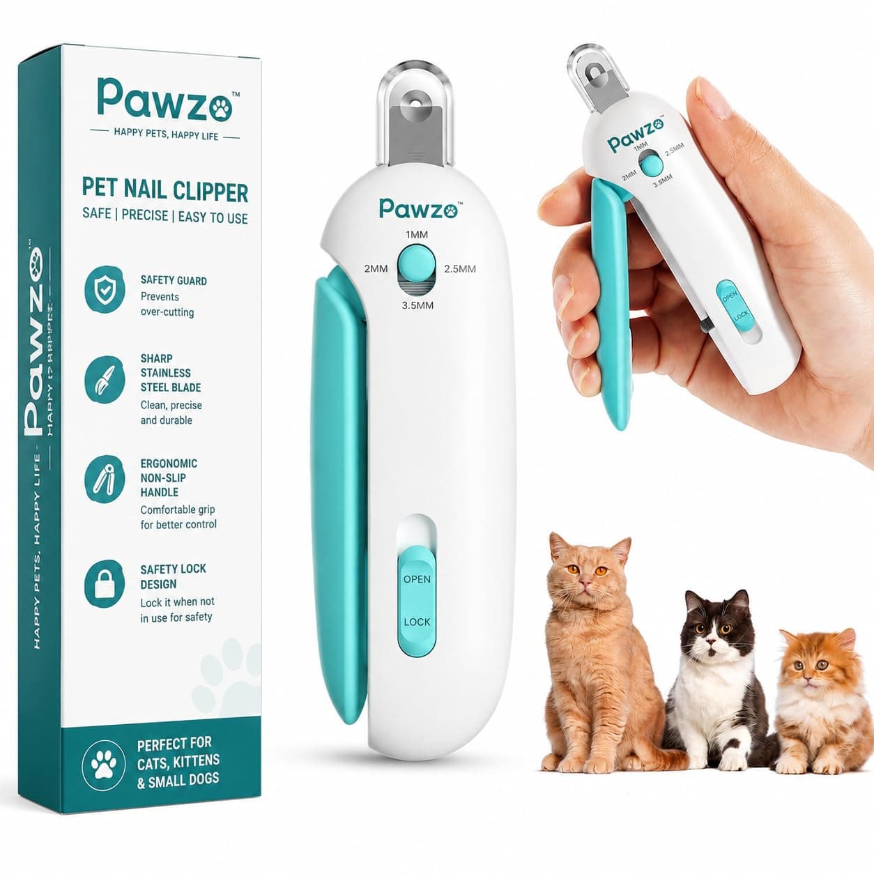 Pawzo Pet Nail Clipper for Dogs & Cats - All Breeds & Sizes | Adjustable Safety Guard (1mm-3.5mm) | Stainless Steel Blade | Nail Trimmer for Puppies, Kittens & Large Dogs | Non-Slip Handle