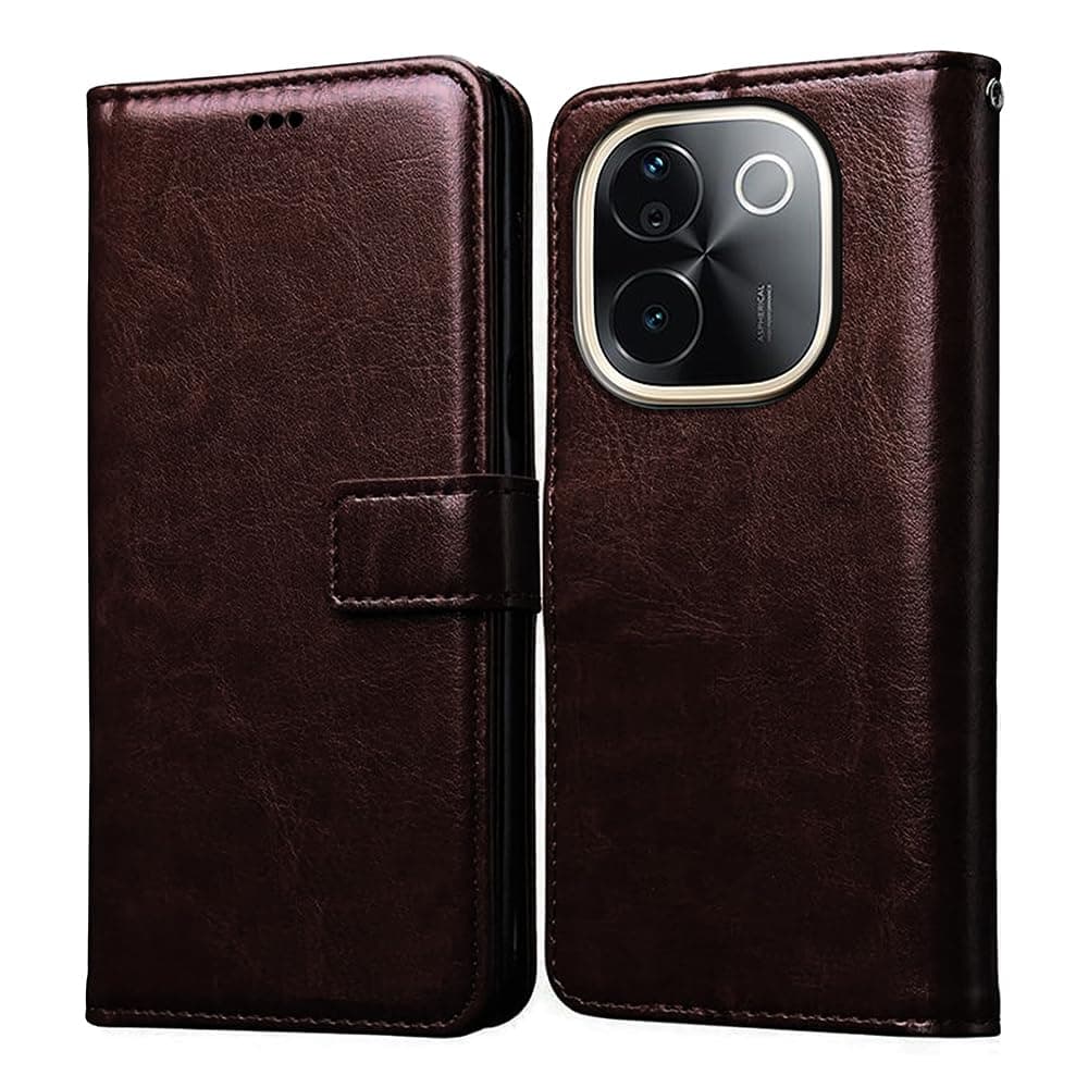 Amazon Brand-Solimo Flip Leather Mobile Cover (Soft & Flexible Back case) for Vivo T3 Pro 5G / iQOO Z9s Pro 5G (Coffee)