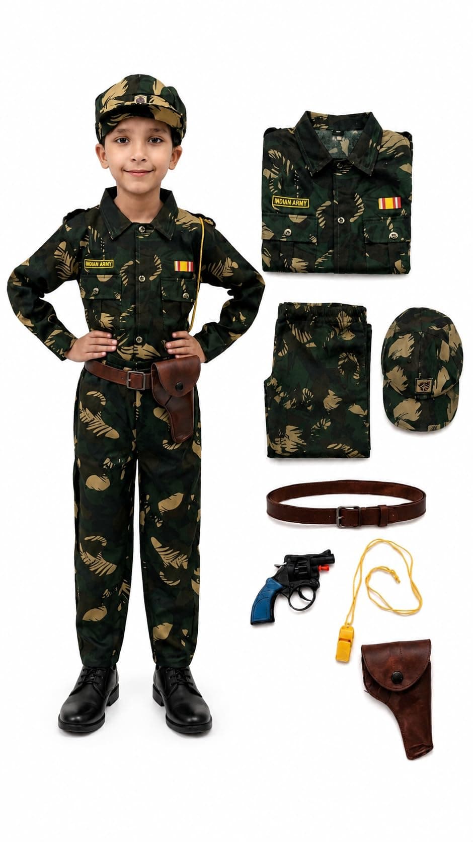 BookMyCostume Kids 6-Pcs Forces & Community Helper Costume Collection – Army, Military, Navy, Police & Soldier Outfits – Fancy Dress for Patriotic Events, School Annual Day, Role-Play & Competitions