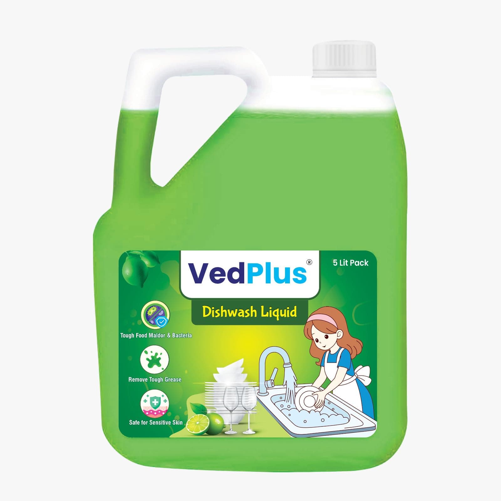 VedPlus Dishwash Liquid Gel | Powerful Grease & Stain Remover | Refreshing Lime Fragrance | 5 Litre Refill Can | Gentle On Hand | Safe For All Skin Type | Removes Tough Food Odors & Bacteria