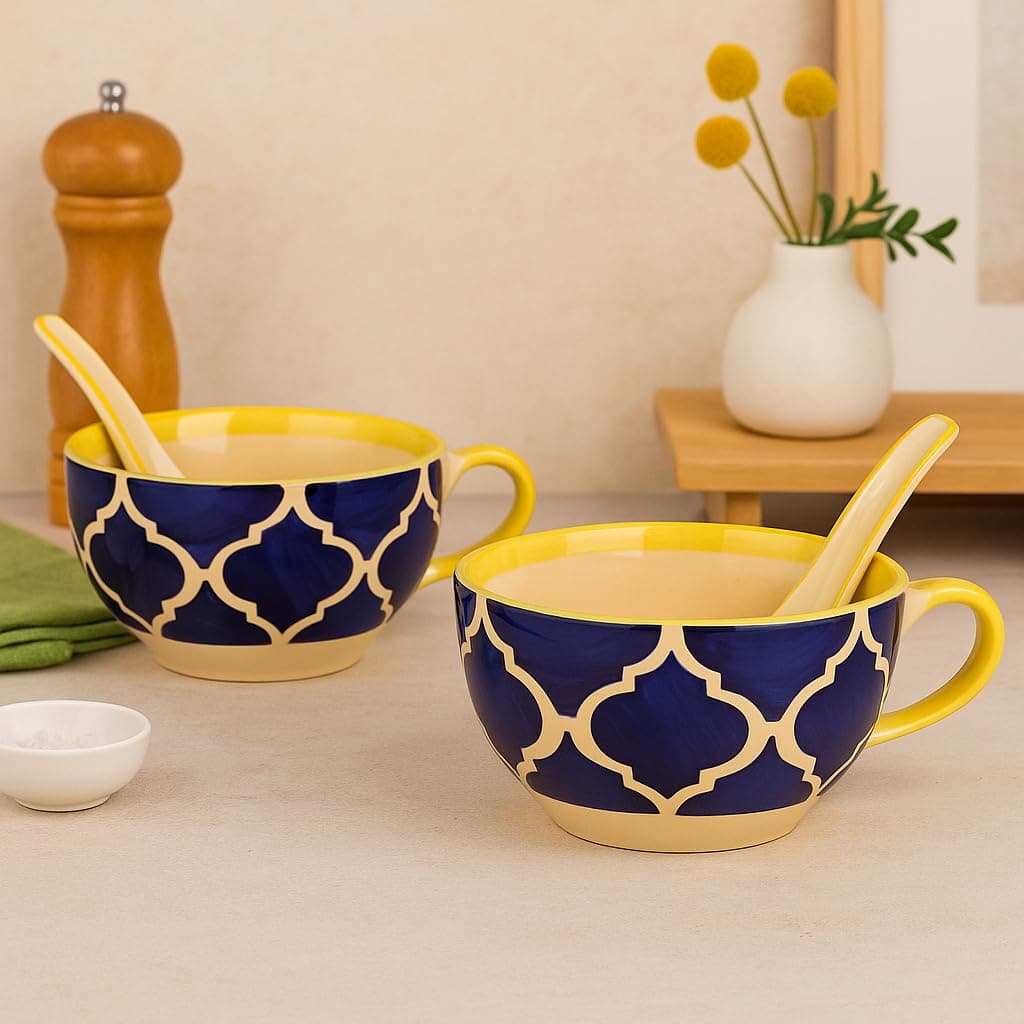 KITTENS Ceramic Soup Bowl Set of 2 with Spoons (300 ml) | Handcrafted Blue Pattern Bowls for Soup, Ramen, Noodles, Cereal & Dessert | Microwave & Dishwasher Safe | Made in India