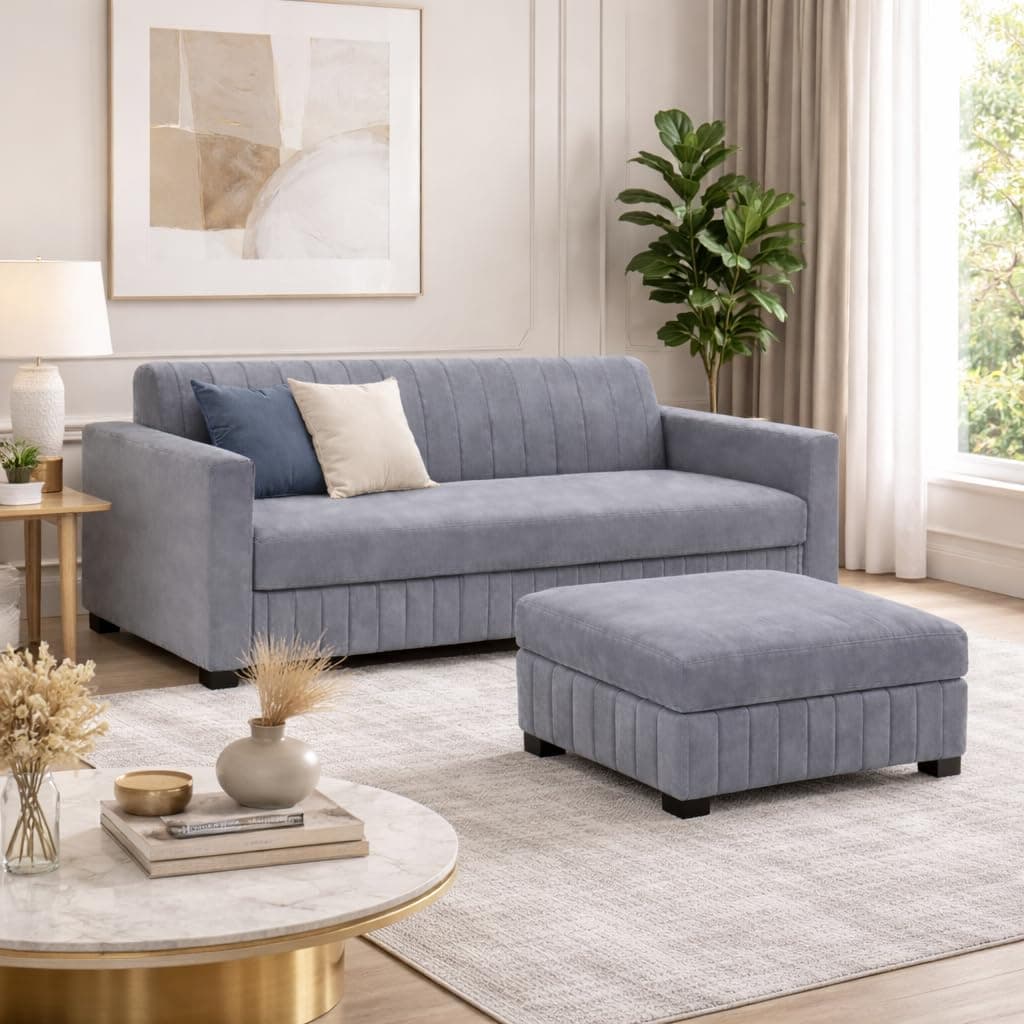 FURNY Almora 4 Seater L Shape Sofa Set with Movable Ottoman | Flexible Left or Right Layout | Plush Velvet Fabric (Dark Grey) | Perfect for Living Room, Guest Room & Office