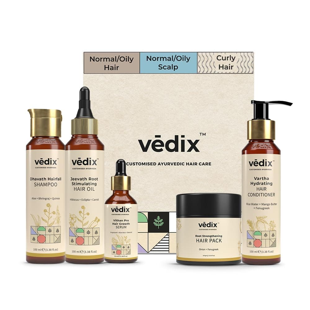 Vedix Ayurvedic Hair Growth 5 Pc Kit | Normal/Oily Scalp & Curly Hair | Oil, Shampoo, Serum, Mask & Conditioner Kit | Hibiscus, Carrot & Fenugreek l Controls hair fall & boosts growth | 440ml