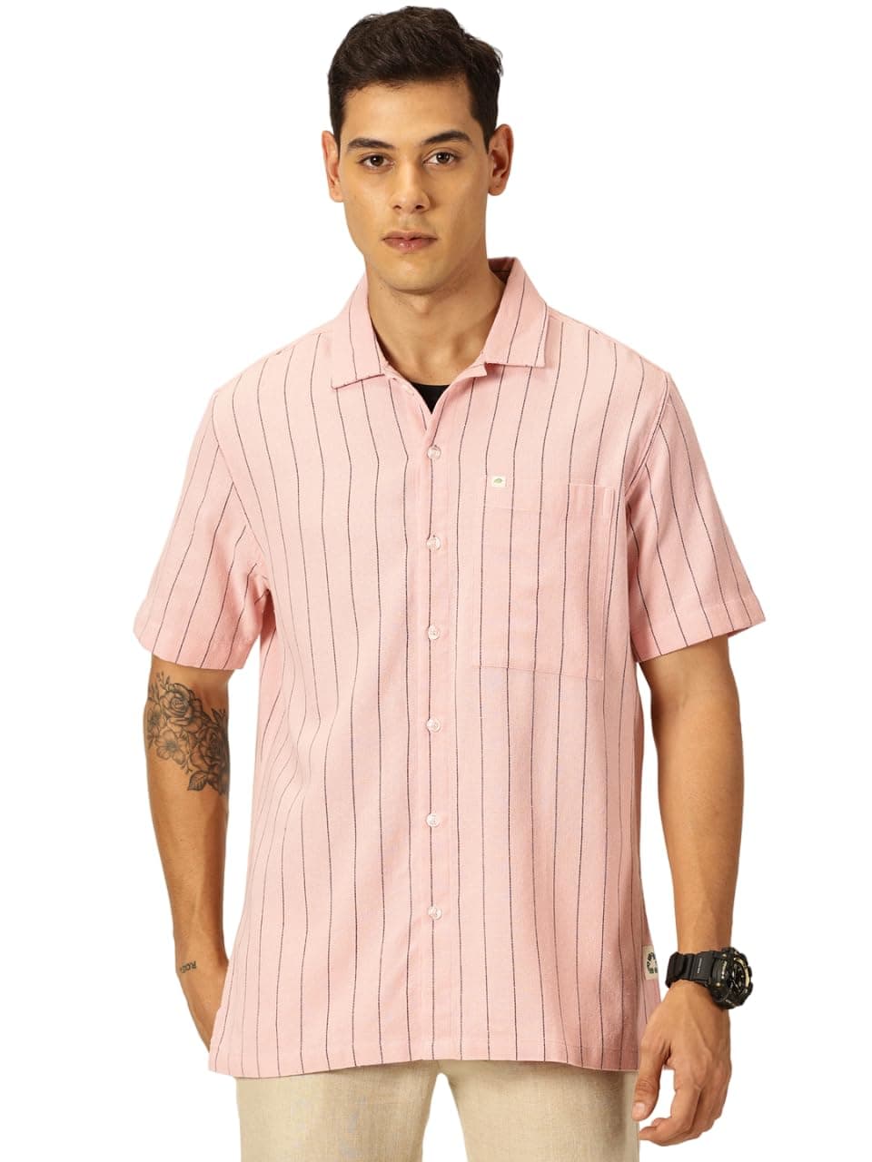 Thomas Scott Men's Cotton Oversized Fit Half Sleeve Striped Casual Shirt