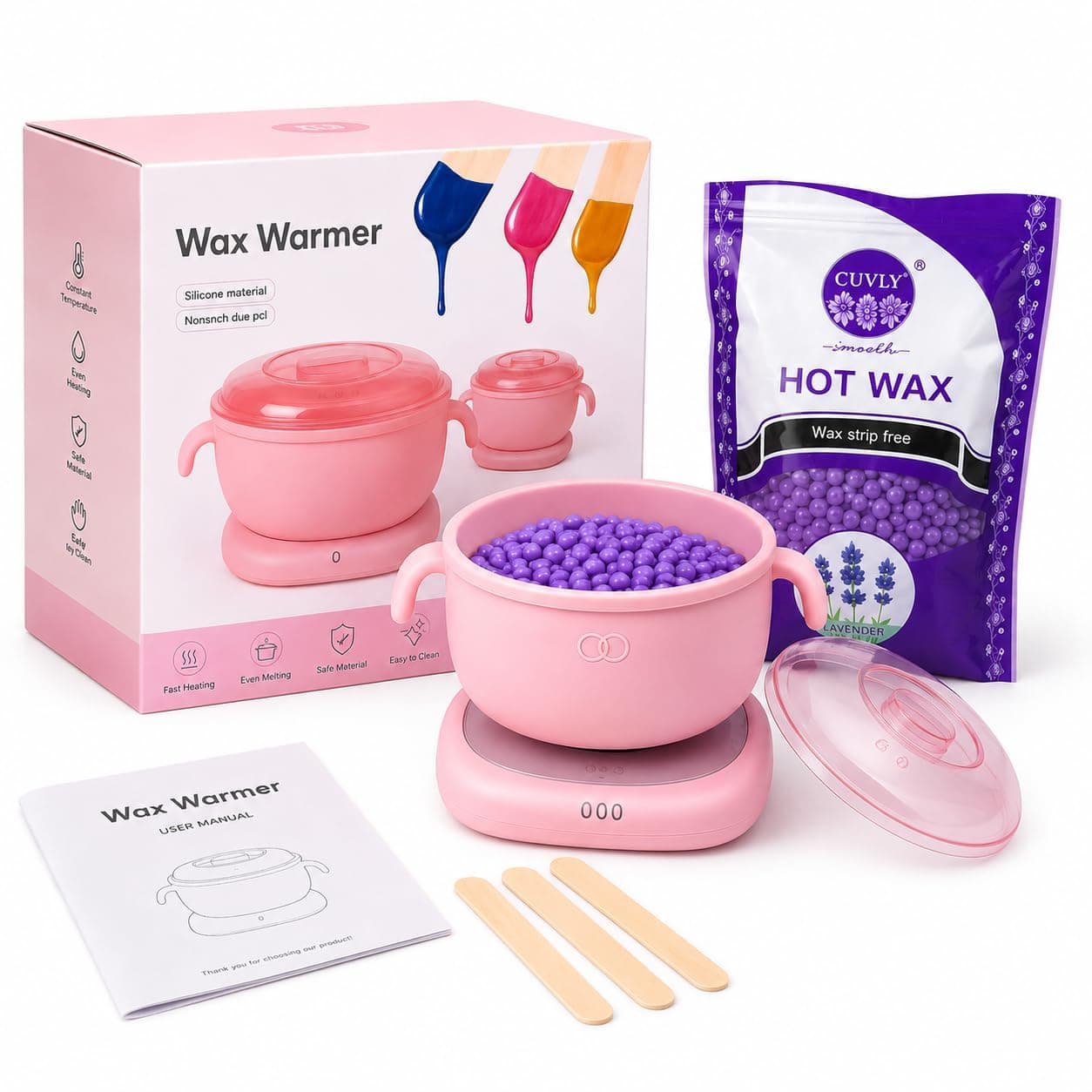 CUVLY Wax Heater Machine Hair Removal Wax Kit Premium Waxing Kit for Women - Silicone Wax Warmer for Hair Removal, Eyebrow, Bikini, Legs, Face, Brazilian Wax Waxing COmbo KIt Hair Remover Kit