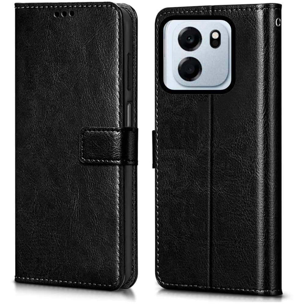 Leather Flip Case Cover Compatible with Back case Cover for Oneplus Nord CE6 5G | Hand-Stitched Leather Finish| Lightweight| Inbuilt Card Pockets |(Black)
