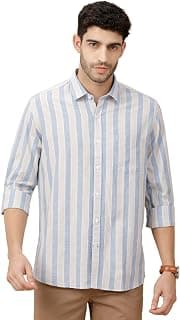 Cavallo by Linen Club Men's Blended Linen Blue Striped Full Sleeve Casual Shirt