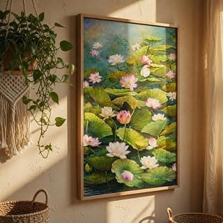 Livin'luxe Lotus Pond Wall Painting with Wooden Frame | Elegant Lotus Flower Nature Artwork HD UV Laminated MDF Wall Decor | Floral Water Garden Wall Art for Living Room Bedroom