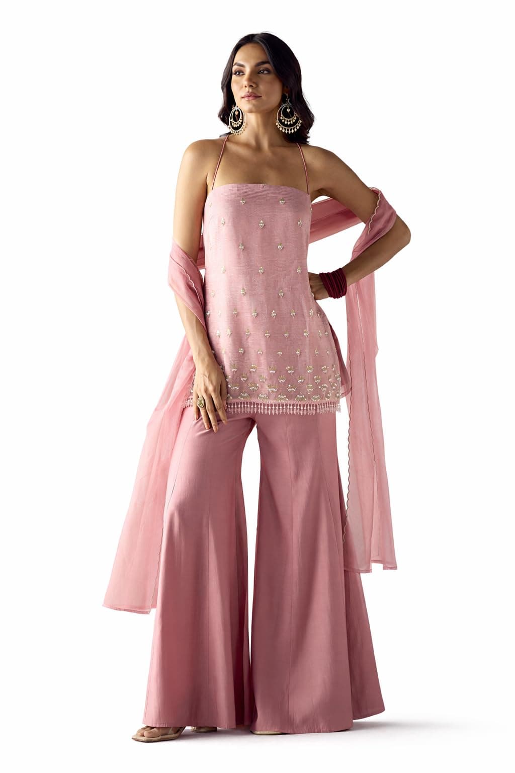 FIORRA Women Light Pink Crush Organza Hand Work Straight Kurta Set with Dupatta