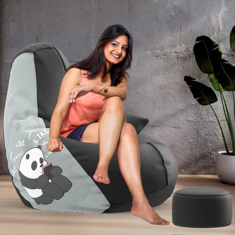 Biggie Bean Bag Chair 4XL with Beans Filled-Pop Prints-Printed Designer Bags-Where Prints Meet Personality with Free Cushion & Footrest (Matching Color : Printed, Instaholic Panda-Black)