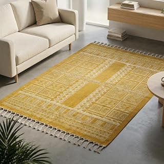 Peepul Tree Jaipuri Handprinted Cotton Rug Color Honey Mustard 3x5 Feet| Boho Dhurrie for Living Room & Bedroom | 100% Pure Cotton Vacuum Safe