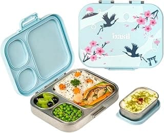 Basil Bento Box Quad Plus – 3+1 Compartment Stainless Steel Lunch Box (1020ml) with BPA-Free Lid | Leak-Proof Tiffin for Kids & Adults | Premium Lunch Box for School, Office & Picnic – Sakura Bloom