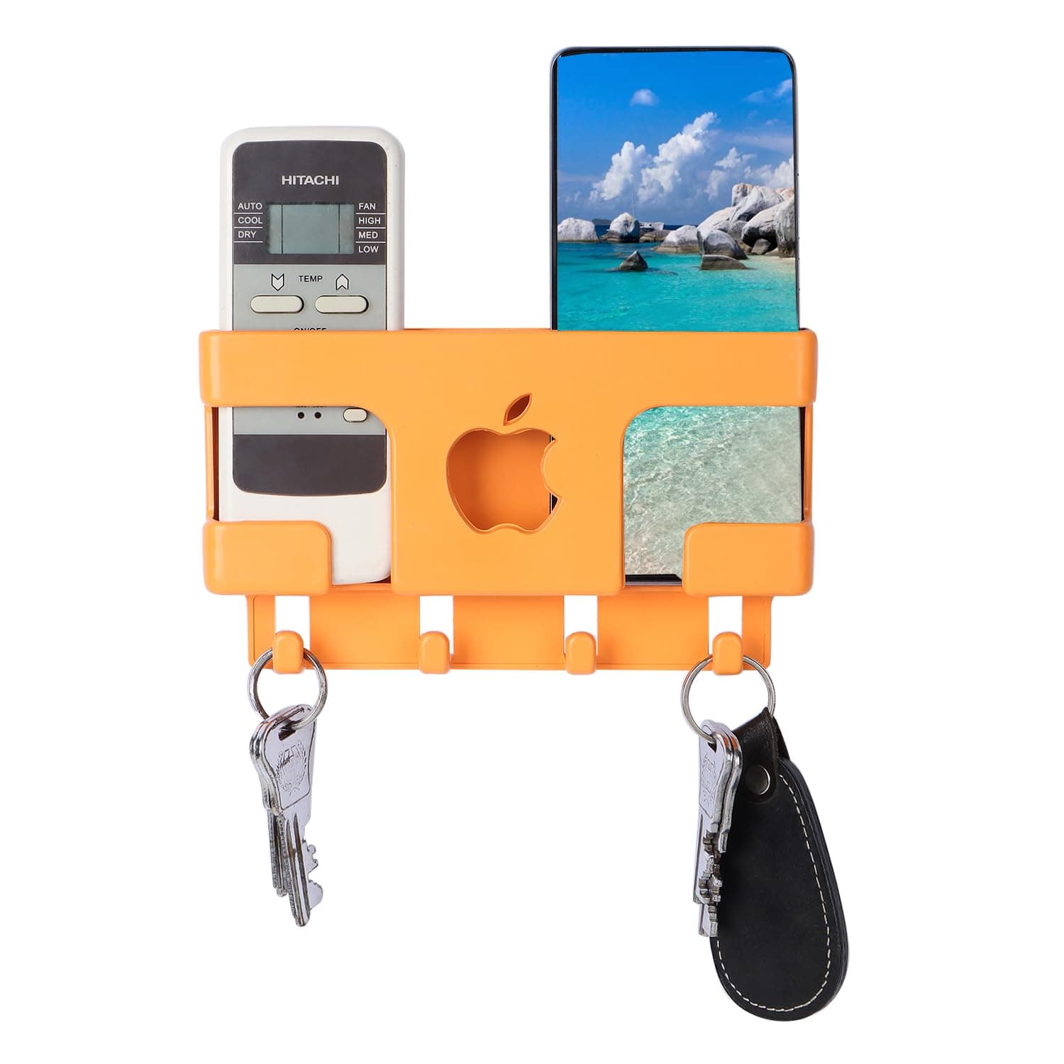WALLVIEW TECH Apple Wall Mount Mobile Holder | Plastic Storage Case for Ac/Tv Remotes | Multi-Purpose Wall Phone Stand for Charging | Remote Wall Organiser | Smart Stand Gadget (Orange)